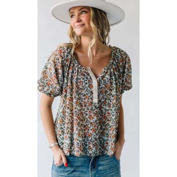 Free People Astra Peasant Top Sz Medium Floral - Picture 1 of 4